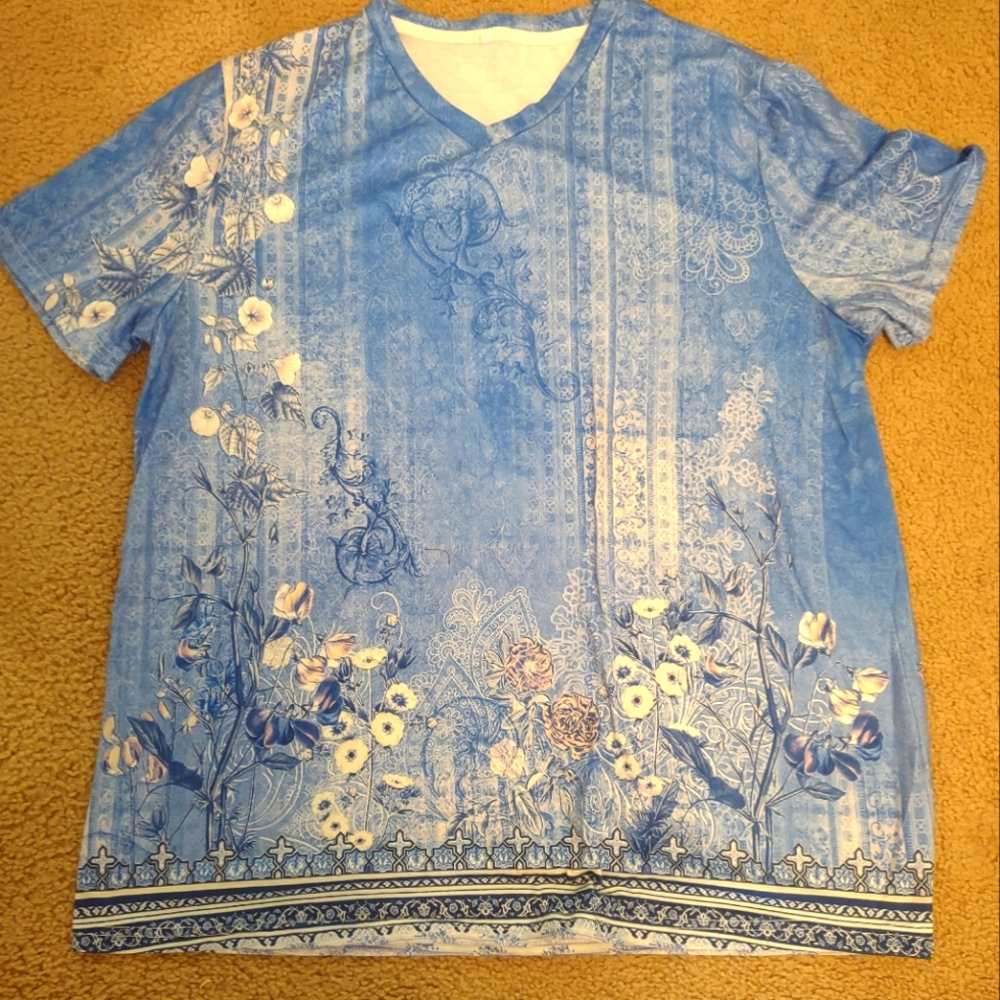 Floral Blue V-Neck Women's Top 2XL